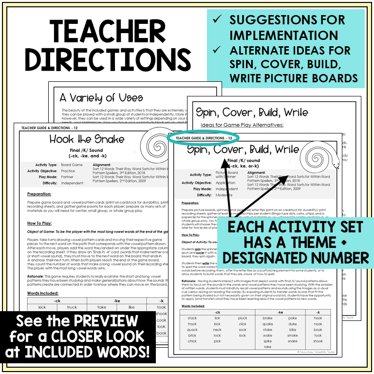 Teacher directions for final /k/ sound games