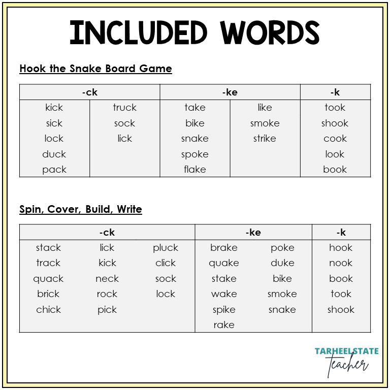 Word list for -CK, -KE, and -K games, Sort 12