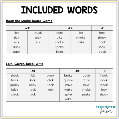 Word list for -CK, -KE, and -K games, Sort 12