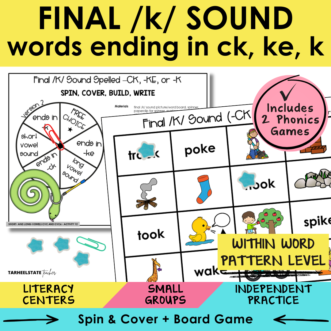 Final /K/ Sound Words Ending in CK, KE, K Sort 12 Within Word Pattern Games cover