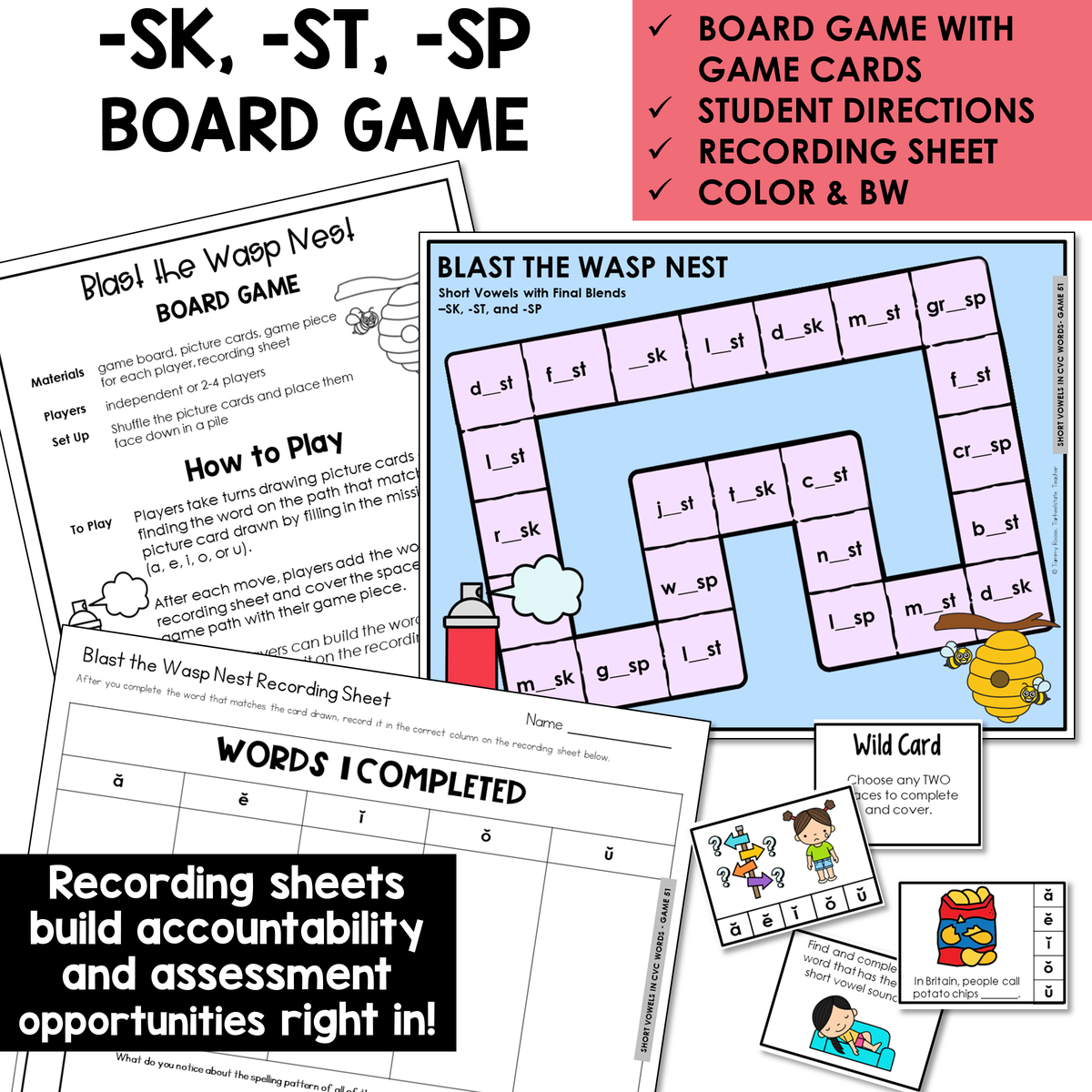 Blast the Wasp Nest board game, game cards, and recording sheet for Short Vowel words with final blends -SK, -ST, and -SP