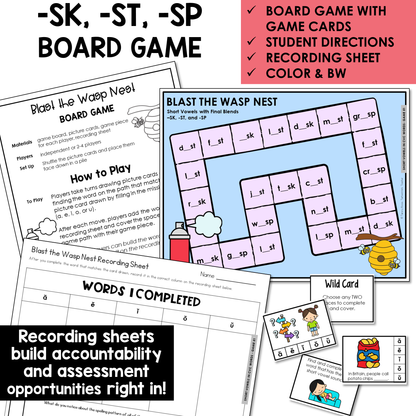 Blast the Wasp Nest board game, game cards, and recording sheet for Short Vowel words with final blends -SK, -ST, and -SP