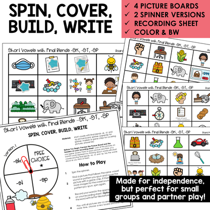 Spin, Cover, Build, Write picture boards and spinners for Short Vowel words with final blends -SK, -ST, and -SP