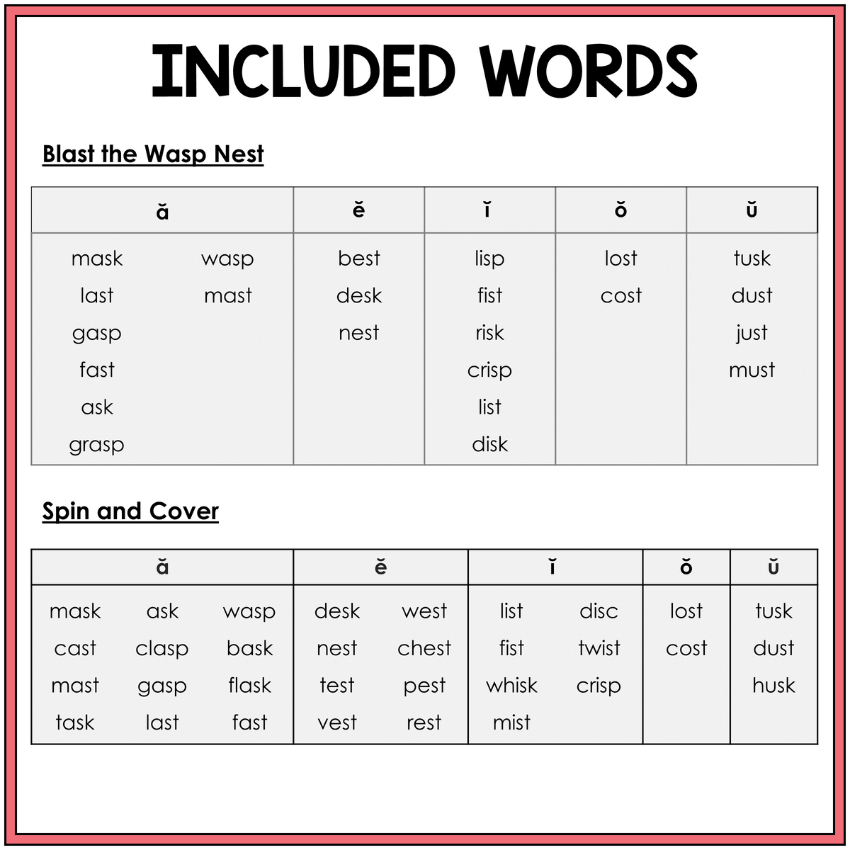 Word list for -SK, -ST, and -SP final blend games, Sort 51