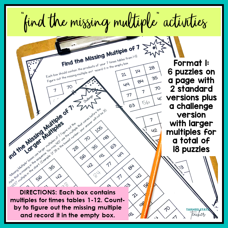 Educational worksheet cover and sample pages for 'find the missing multiple activities' featuring math puzzles related to multiples of 7