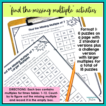 Educational worksheet cover and sample pages for 'find the missing multiple activities' featuring math puzzles related to multiples of 7
