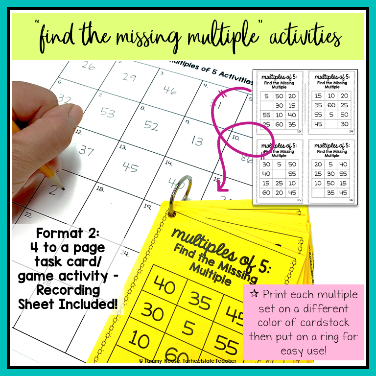 Educational activity sheet set titled 'find the missing multiple activities' showing printed multiple-of-5 grids, a student worksheet, and a yellow ring-bound card set with activity instructions.