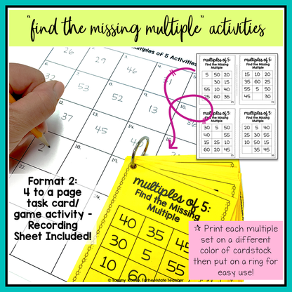 Educational activity sheet set titled 'find the missing multiple activities' showing printed multiple-of-5 grids, a student worksheet, and a yellow ring-bound card set with activity instructions.