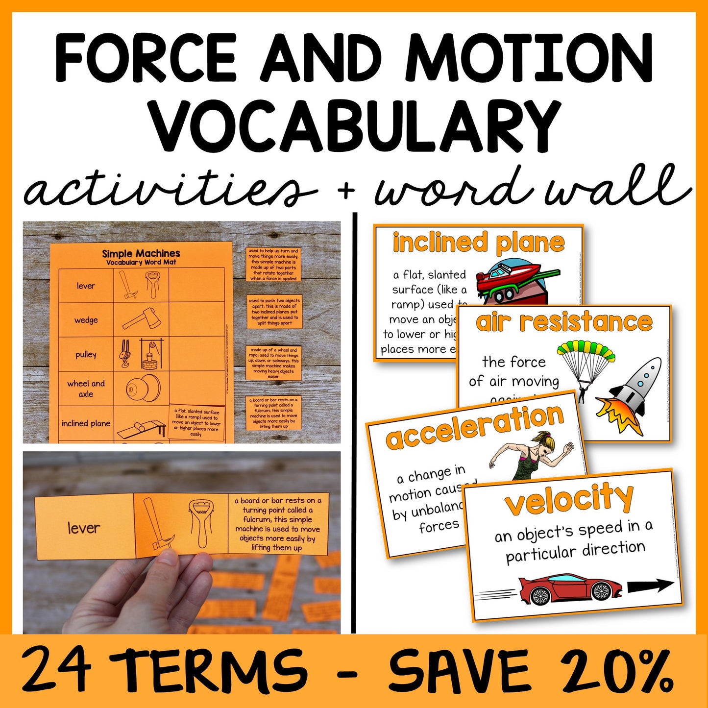 Educational materials for teaching force and motion vocabulary with posters and flashcards.