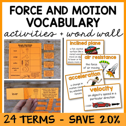 Educational materials for teaching force and motion vocabulary with posters and flashcards.