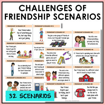 Challenges of friendship scenario cards with realistic friendship conflicts and clip art
