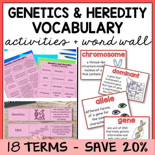Educational materials for genetics and heredity with vocabulary mats, study slips, and word wall