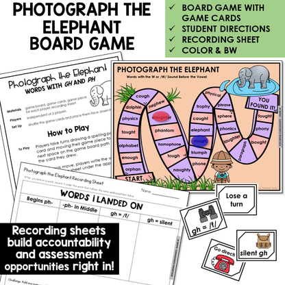 Photograph the Elephant Board Game for GH and PH words, with recording sheet