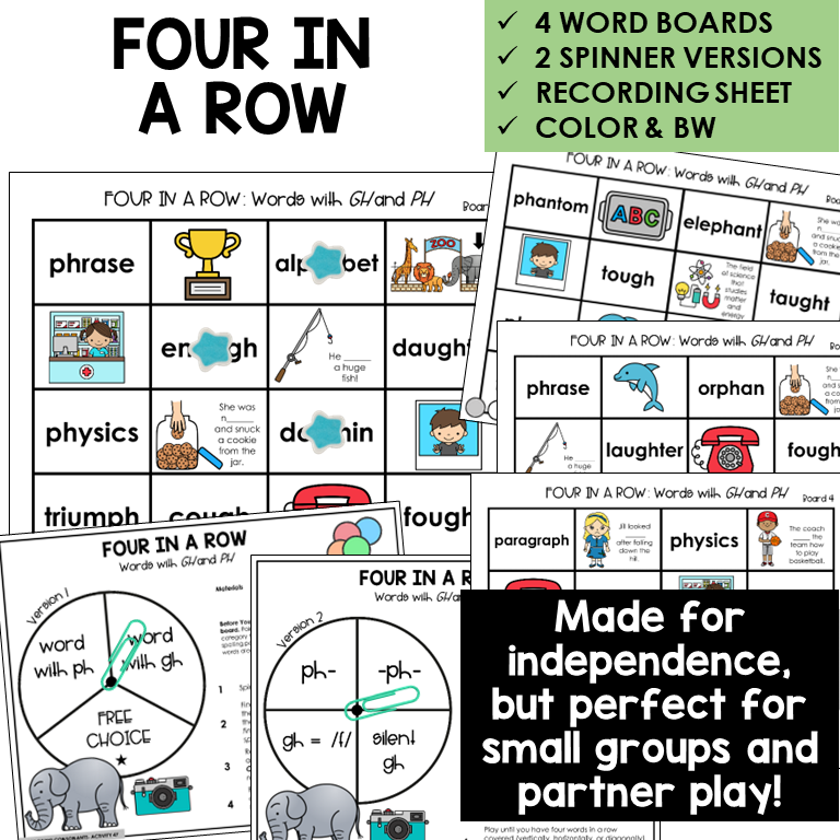Four In A Row for GH and PH words, with spinners and recording sheet
