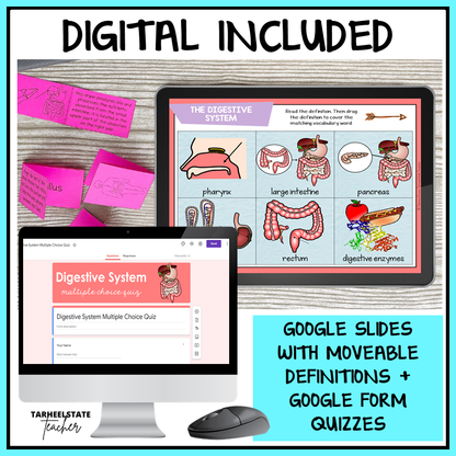 Digital educational resources for the digestive system including Google Slides and quizzes 