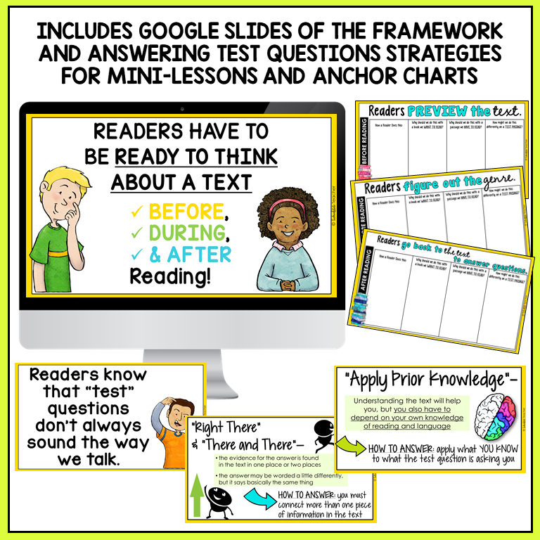 Reading Comprehension Test Prep kit includes google slides for teacher display during mini-lessons