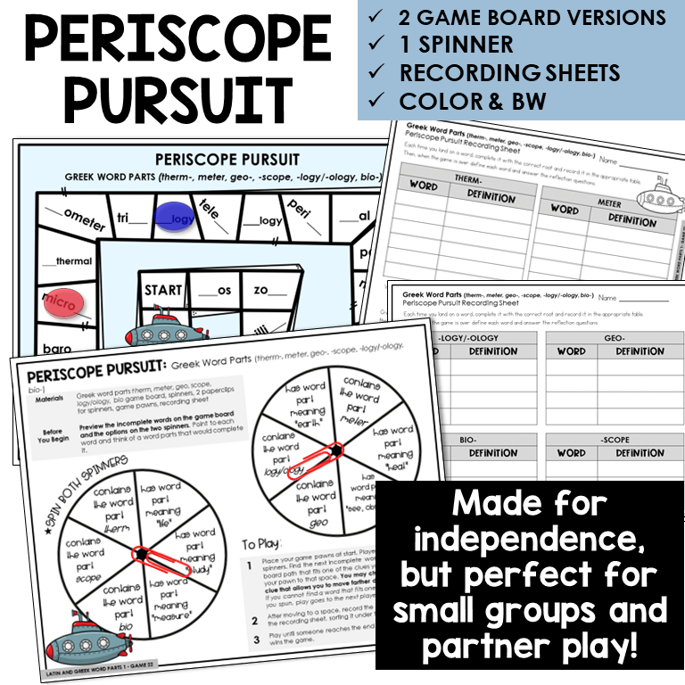 Periscope Pursuit board game for Greek word parts THERM-, METER, -SCOPE, GEO-, -LOGY/-OLOGY, BIO-