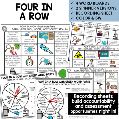Four in a Row word board activity for Greek word parts THERM-, METER, -SCOPE, GEO-, -LOGY/-OLOGY, BIO-
