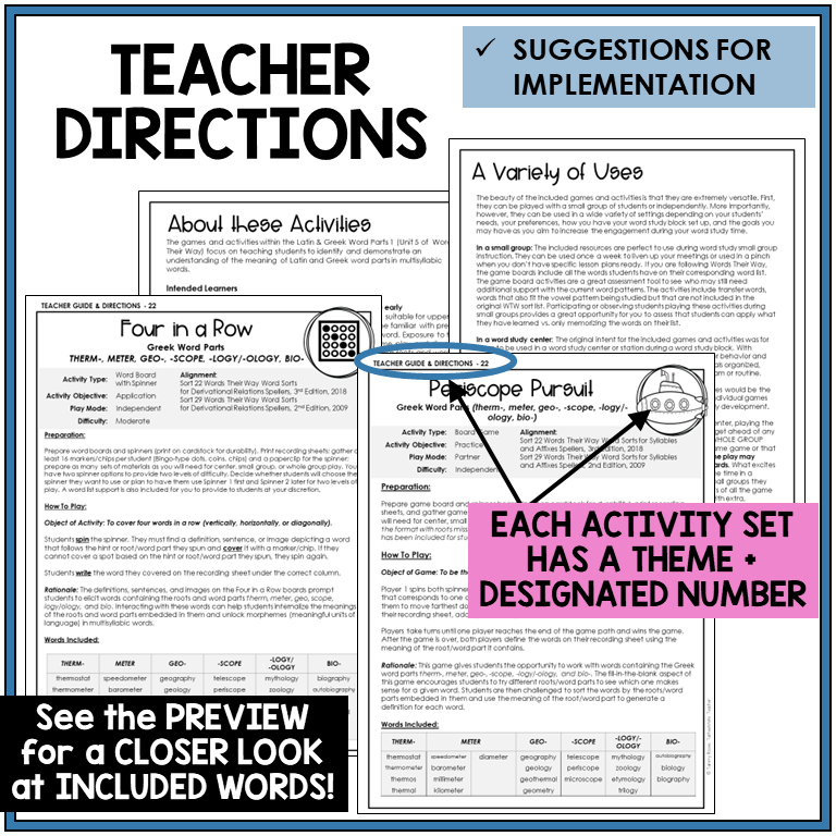 Teacher directions for Greek word parts THERM-, METER, -SCOPE, GEO-, -LOGY/-OLOGY, BIO- games