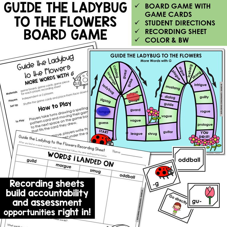Guide the Ladybug to the Flowers Board Game for GU, GUE, and final G, with recording sheet