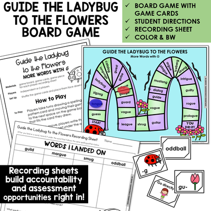 Guide the Ladybug to the Flowers Board Game for GU, GUE, and final G, with recording sheet