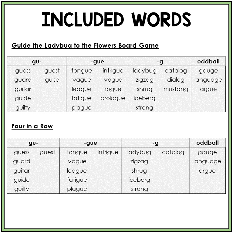 Word list for GU, GUE, and final G, Sort 43