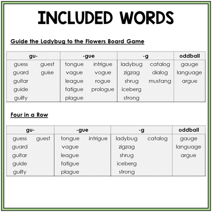 Word list for GU, GUE, and final G, Sort 43