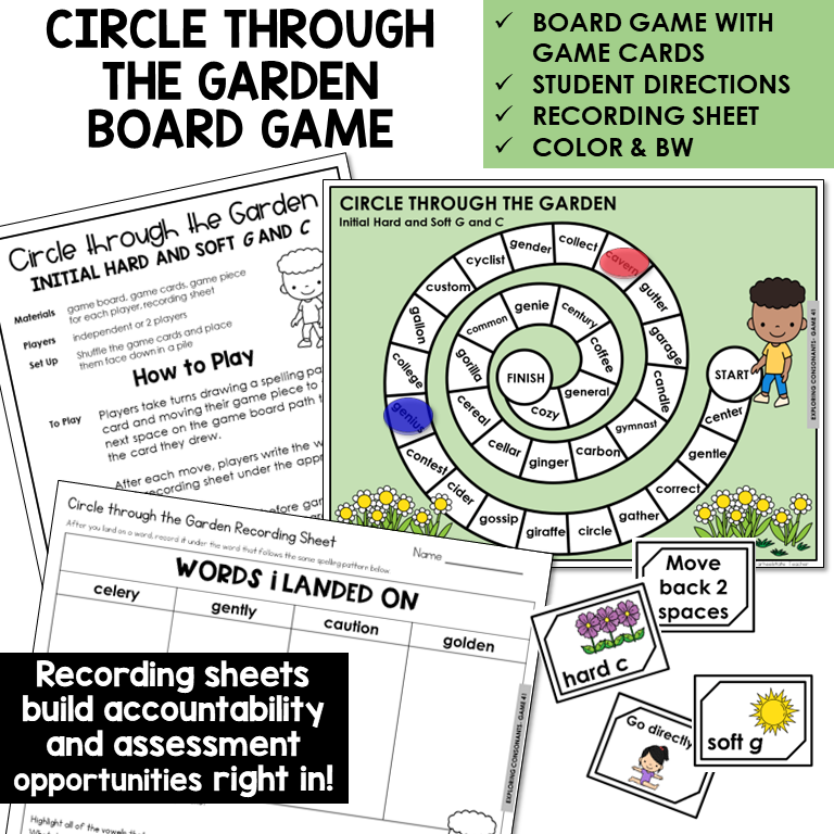 Circle Through the Garden Board Game for hard and soft G and C, with recording sheet
