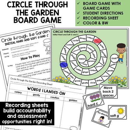 Circle Through the Garden Board Game for hard and soft G and C, with recording sheet