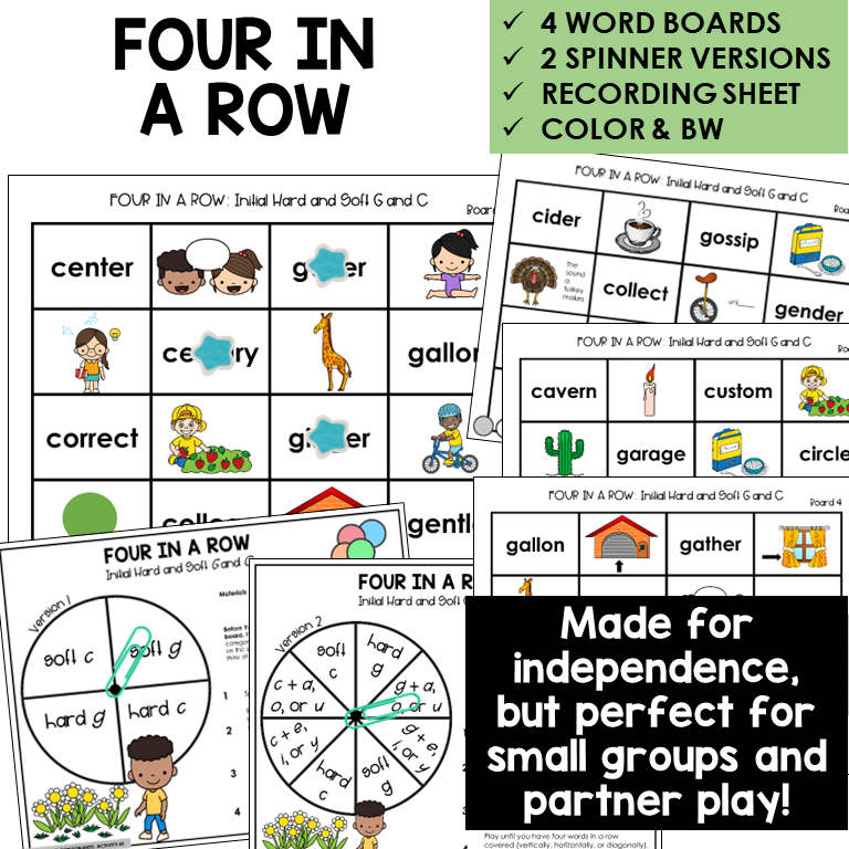 Four In A Row for hard and soft G and C, with spinners and recording sheet