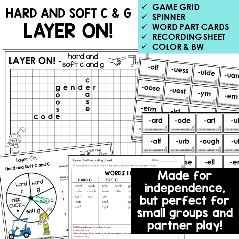 Layer On word tower game with spinner, word part cards, and recording sheet for Hard and Soft C and G