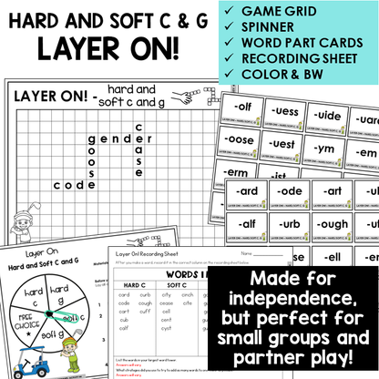 Layer On word tower game with spinner, word part cards, and recording sheet for Hard and Soft C and G