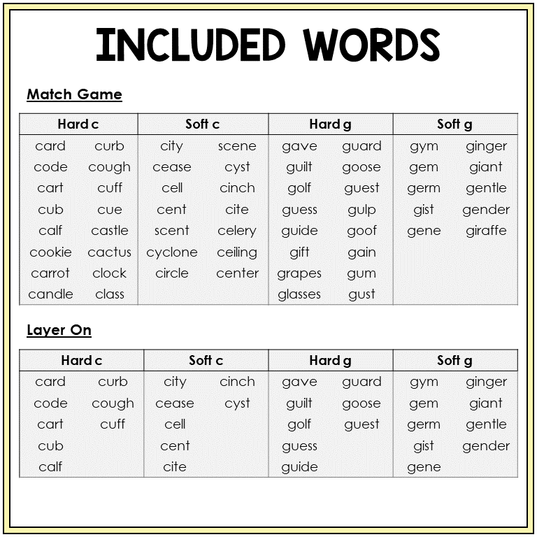 Word list for Hard and Soft C and G games, Sort 44
