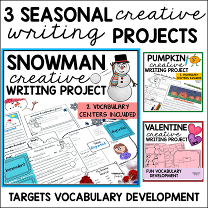 Creative writing projects and vocabulary activities for fall, Halloween, Christmas, winter break, February, and Valentine's Day