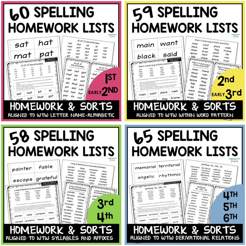 Differentiate with ease with the Weekly Spelling Homework Mega Bundle for all four spelling groups in your classroom