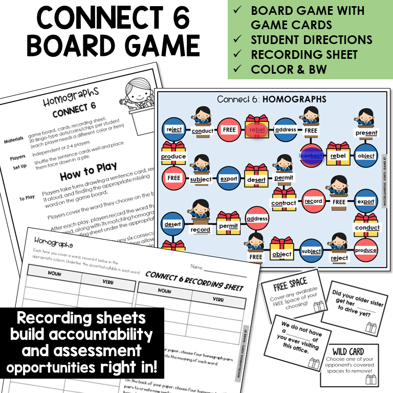 Connect 6 Board Game for homographs, with sentence cards and recording sheet