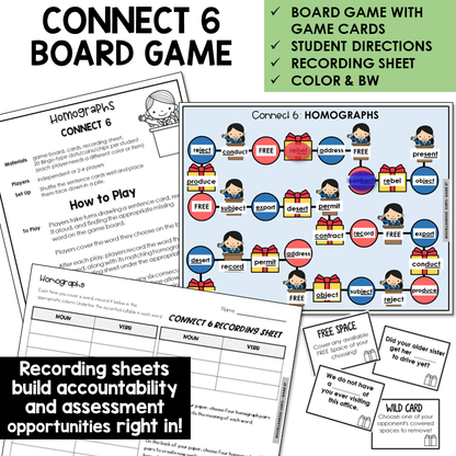 Connect 6 Board Game for homographs, with sentence cards and recording sheet