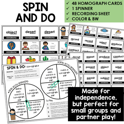 Spin & Do homograph cards, spinner, and directions