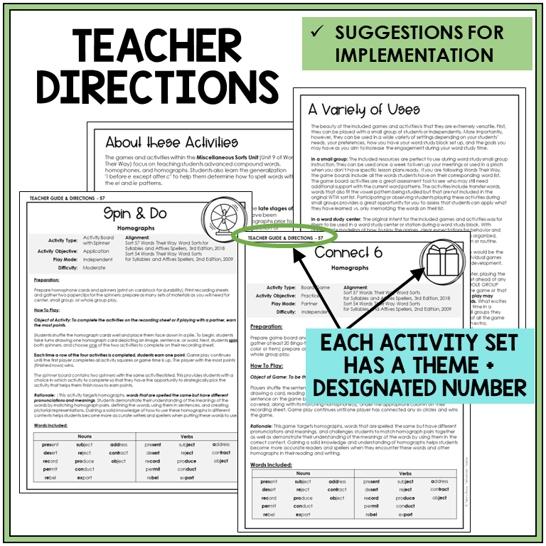 Teacher directions and suggestions for implementation, homographs