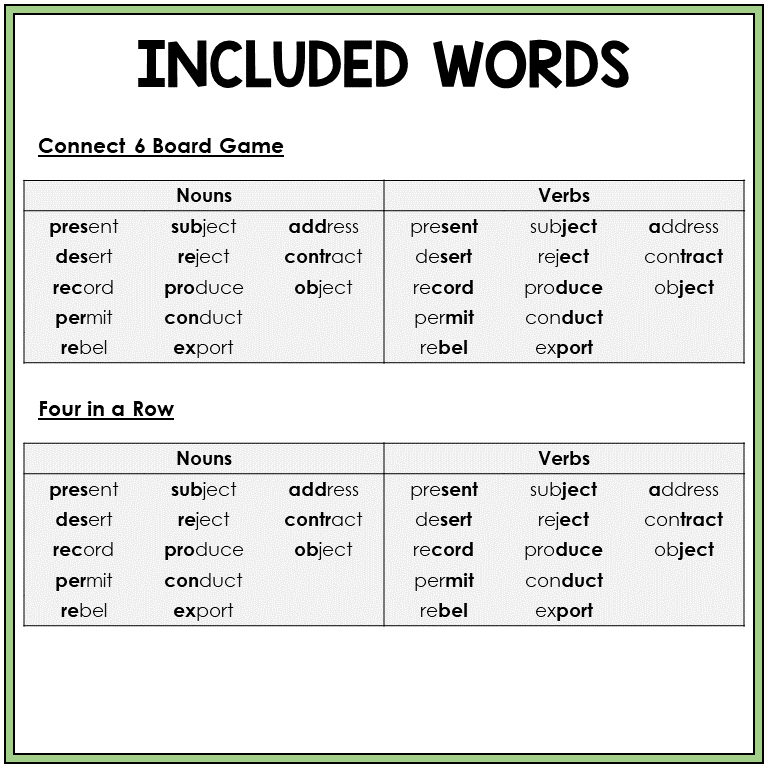 Word list for homographs, Sort 57