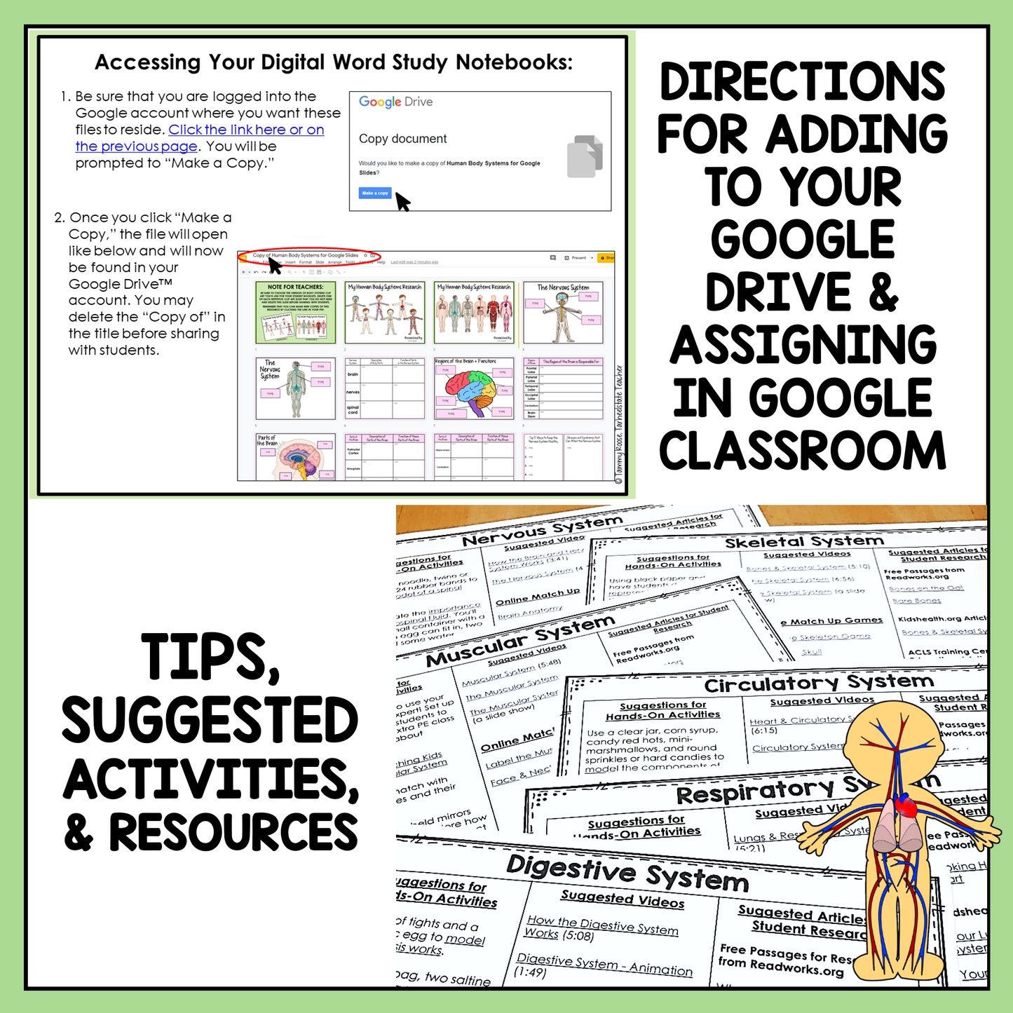 Instructions for adding digital word study notebooks to Google Drive and assigning them in Google Classroom.