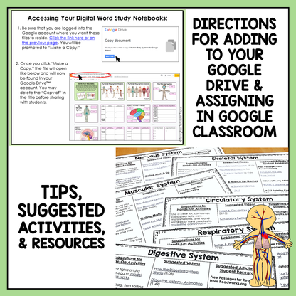 Instructions for adding digital word study notebooks to Google Drive and assigning them in Google Classroom.