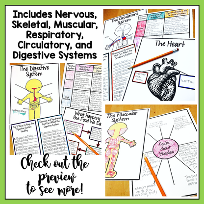 6 human body systems covered in the student research project resource - nervous skeletal, respiratory, circulatory, and digestive systems