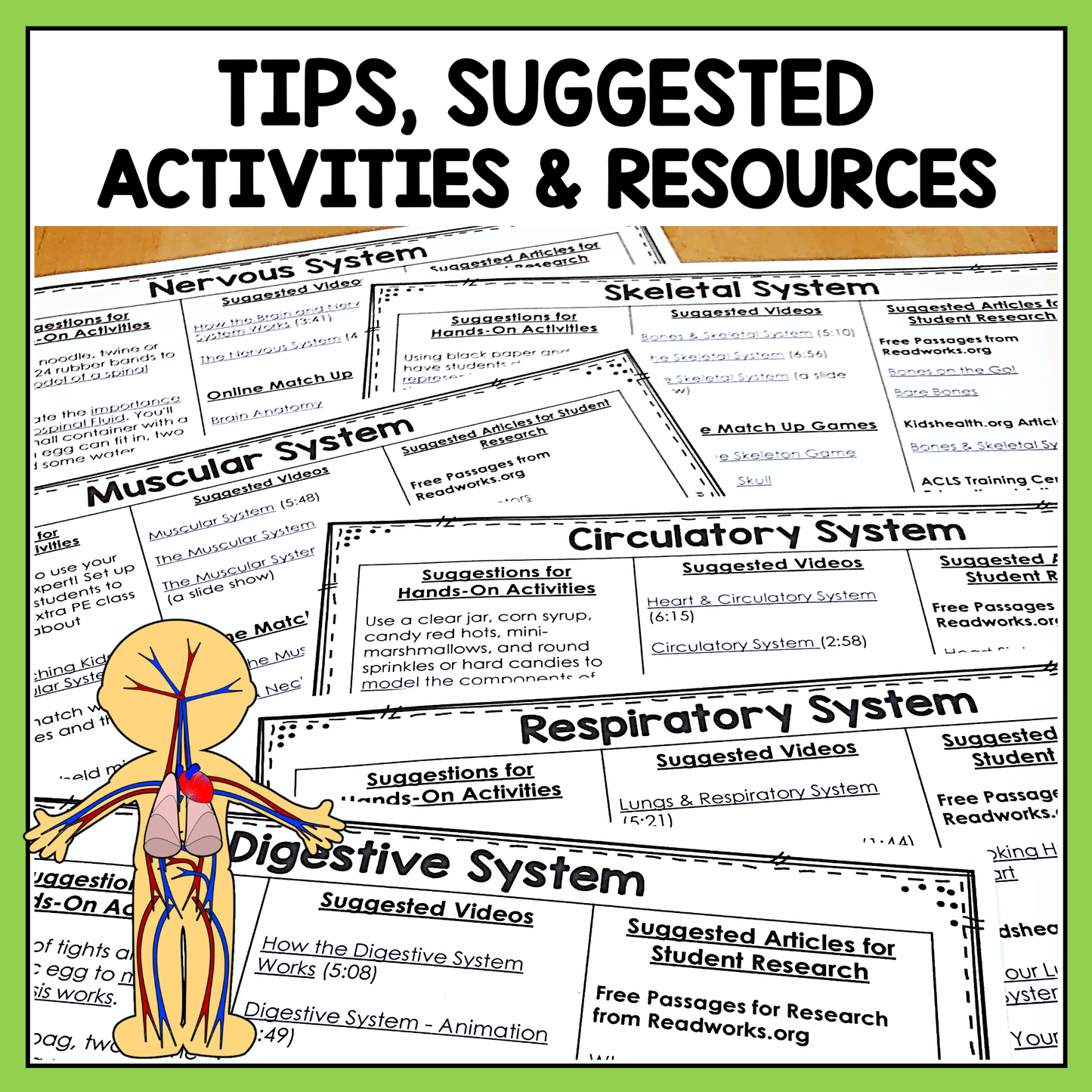 Educational resource with tips, activities, and resources for teaching human anatomy systems.