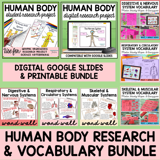 Human body research and vocabulary bundle with digital and printable resources.