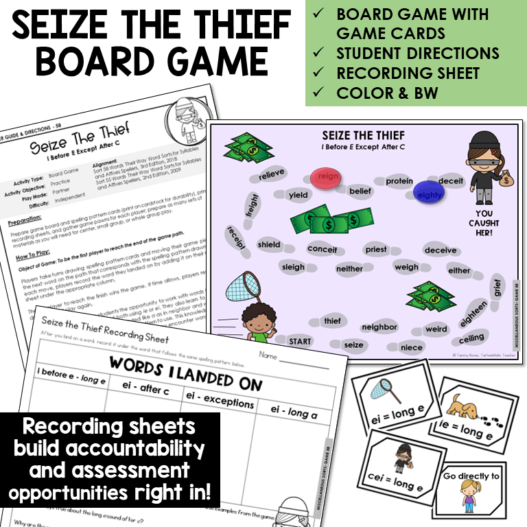 Seize the Thief board game, game cards, and recording sheet for IE and EI words