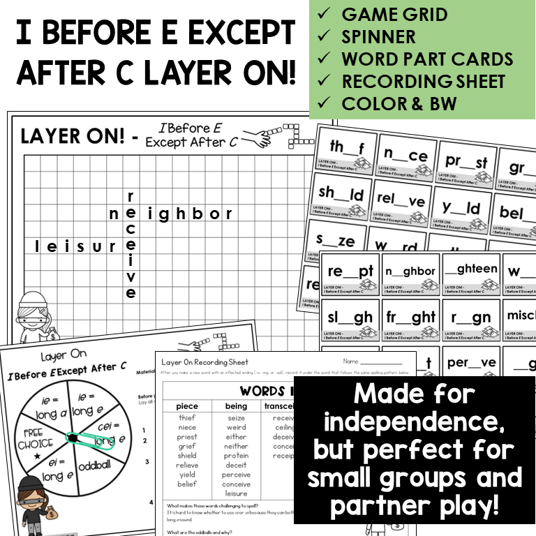 Layer On word building grid, word part cards, and spinner for IE and EI words