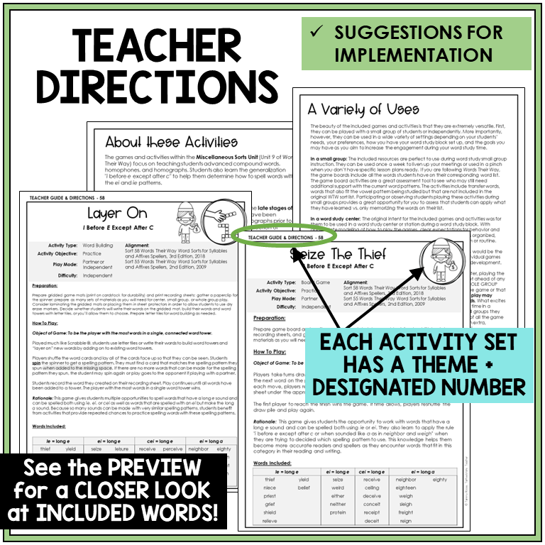 Teacher directions for I Before E Except After C games