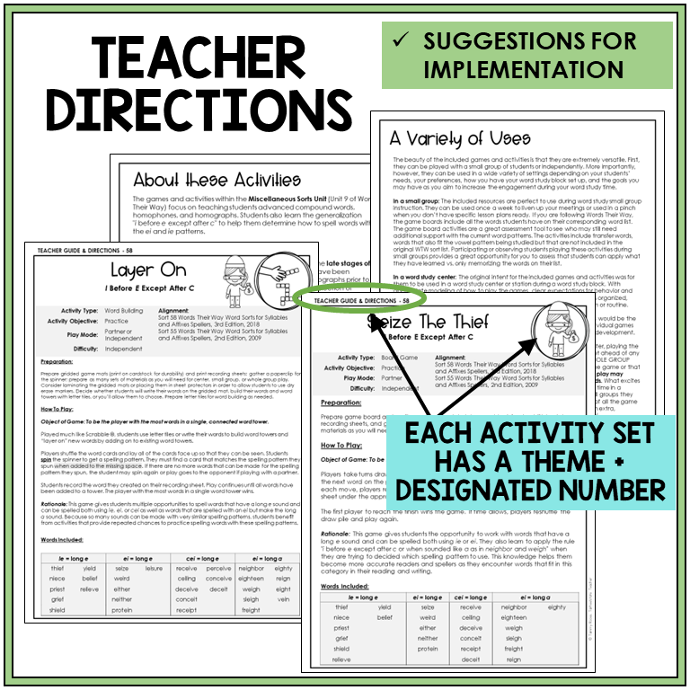 Teacher directions and suggestions for implementation, IE and EI words