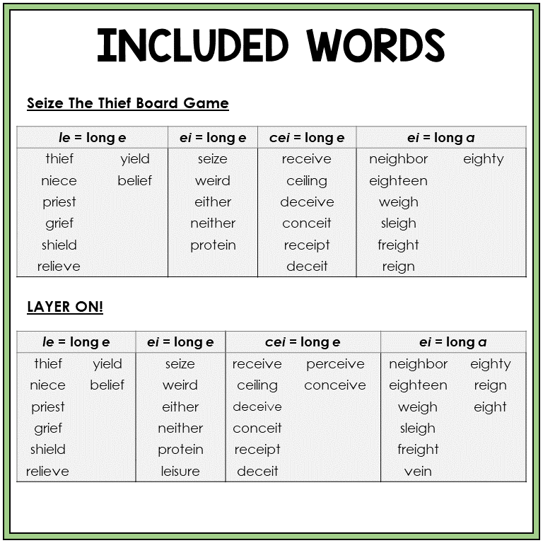 Word list for IE and EI words, Sort 58